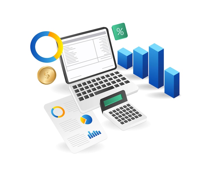 Vector isometric flat 3d illustration concept of computer calculating investment business income