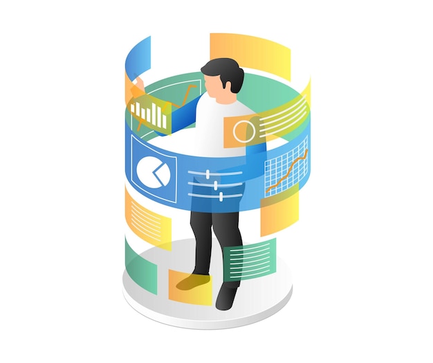 Isometric flat 3d illustration concept of man surrounded by data analyst screen