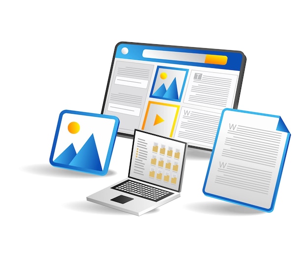 Isometric flat 3d illustration concept of opening many data folders computer