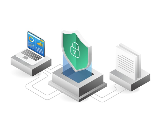 Vector isometric flat 3d illustration concept of server data security analysis