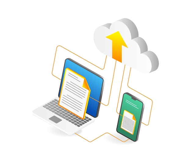 Isometric flat 3d illustration concept of storing data in cloud server