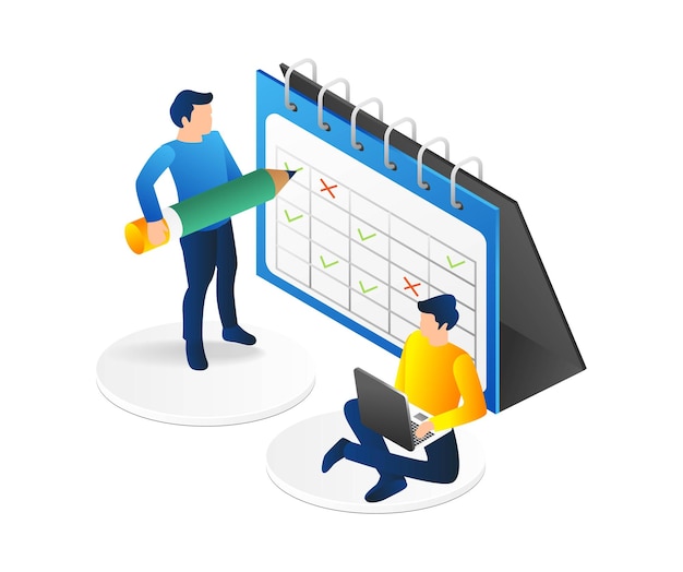 Isometric flat 3d illustration concept of team is sign business plan calendar