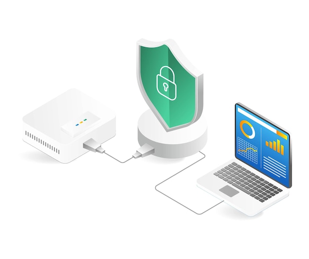 Isometric flat 3d illustration concept of wifi router security analyzer