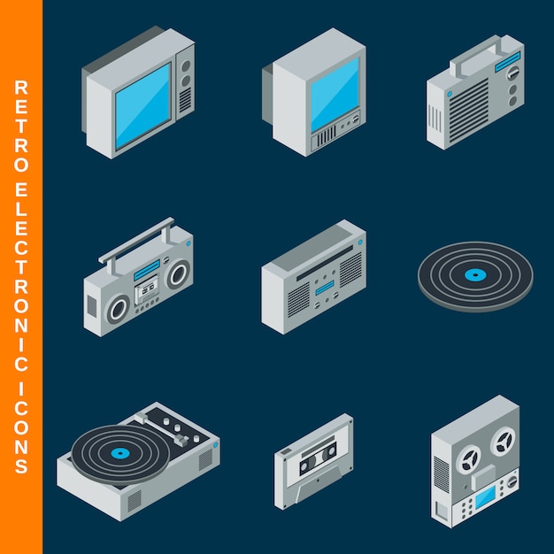 Isometric flat 3d retro electronic icons set