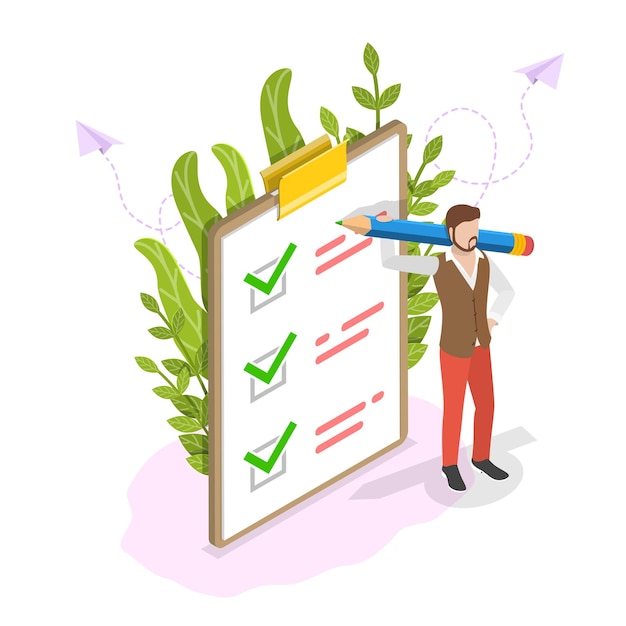 Vector isometric flat concept of checklist on clipboard, task successful completion, finished survey.