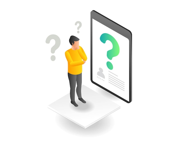 Isometric flat concept illustration of man thinking and question mark