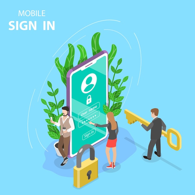 Isometric flat concept mobile sign up, login to account.