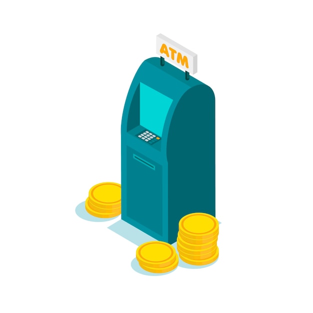 Isometric flat design of ATM machine with coins. Withdrawing money from ATM. Using automat terminal.