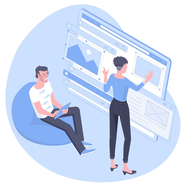 Isometric flat design concept of web development, programmer engineering and coding website application. Young man and woman developers project engineers programming application design.