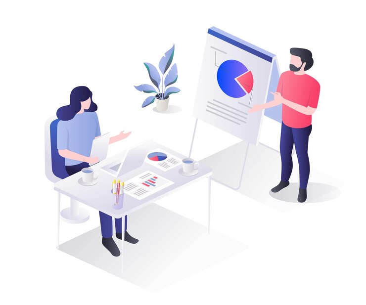 Vector isometric flat illustration concept the work team is discussing developing a business
