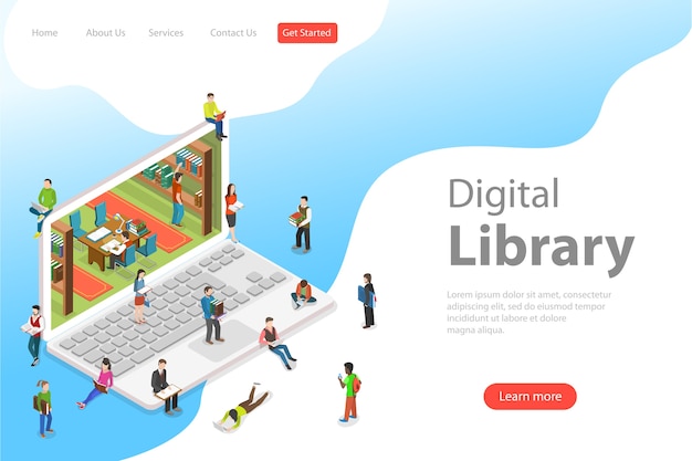 Isometric flat  landing page template of online library, education, reading, learning online.