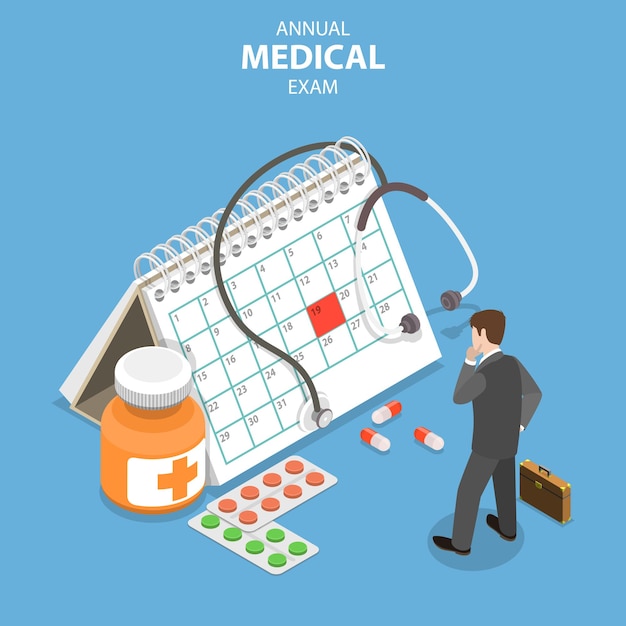 Isometric flat vector concept of annual medical exam, health checkup, medical services.