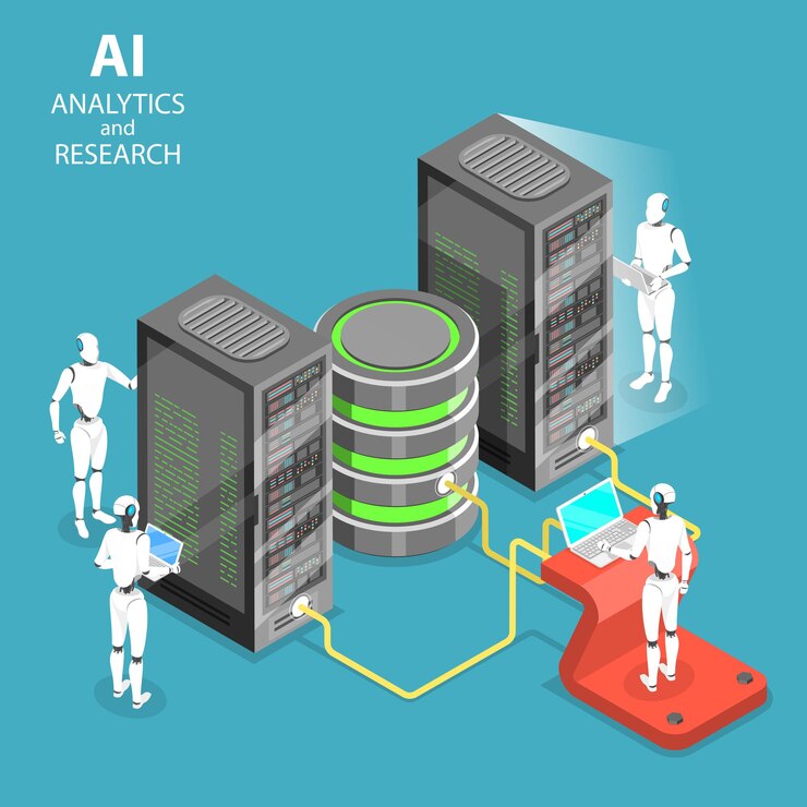 Vector isometric flat vector concept of artificial intelligence analytics and research