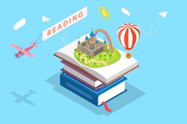 Isometric flat vector concept of child reading, imagination, favorite book, education.