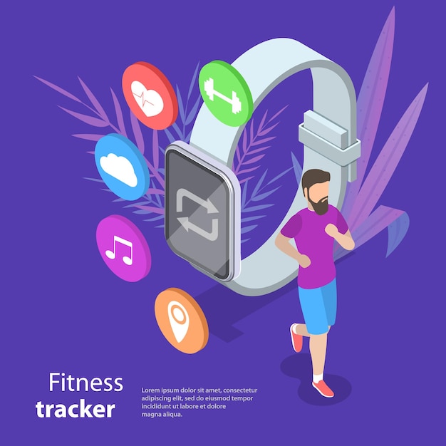 Isometric flat vector concept of fitness tracker, smart watch, sport and healthy lifestyle