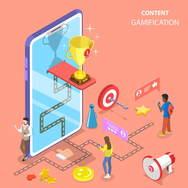 Isometric flat vector concept of gamification interactive content customer engagement