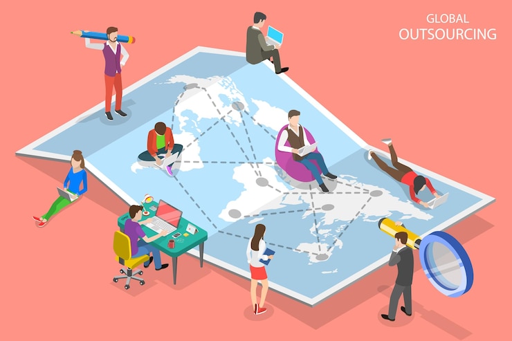 Vector isometric flat vector concept of global outsourcing company remote management