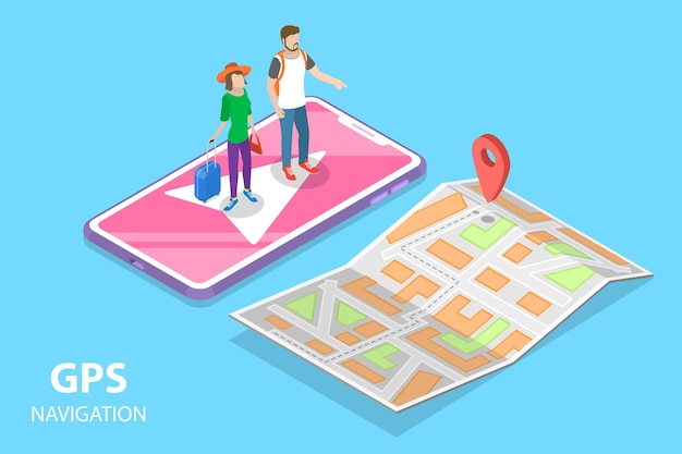 Isometric flat vector concept of mobile pgs navigation city map online geolocation