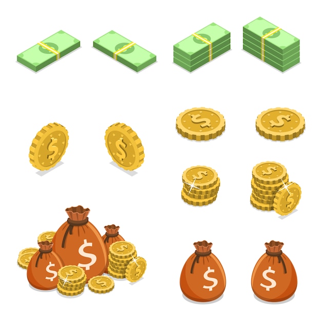 Isometric flat vector concept of money such as coins, banknotes and money bags.