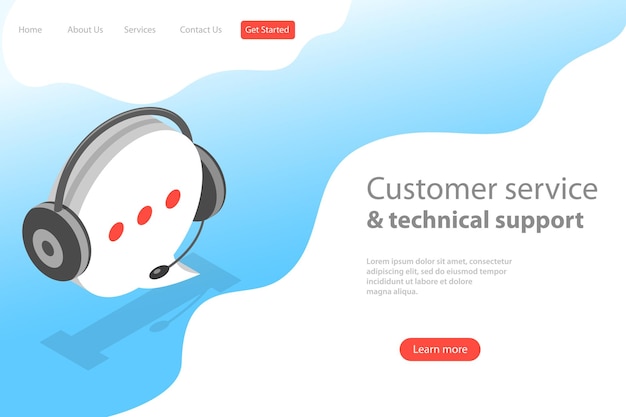 ベクトル カスタマー サポート サービスの等尺性平面ベクトル ランド ページ テンプレート