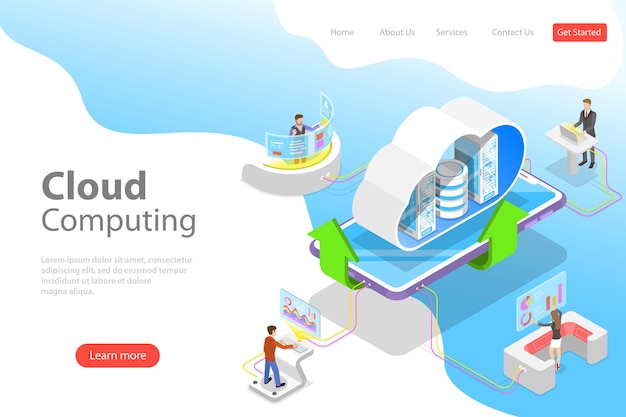 Vector isometric flat vector landing page template of cloud computing technology data storage and hosting big data