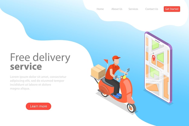 Isometric flat vector landing page template of delivery by scooter, courier service, goods shipping, food online ordering.