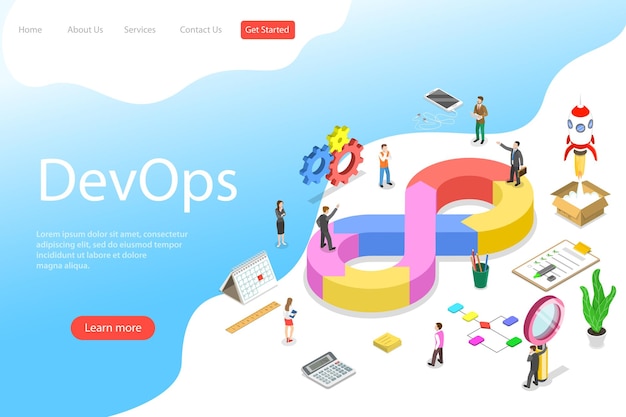 Isometric flat vector landing page template of DevOps development and operations software development testing and support