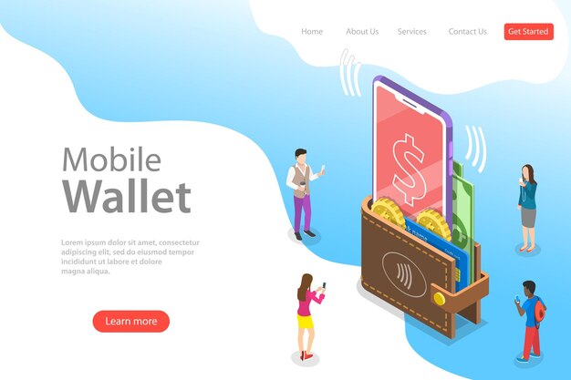 Vector isometric flat vector landing page template of digital mobile wallet