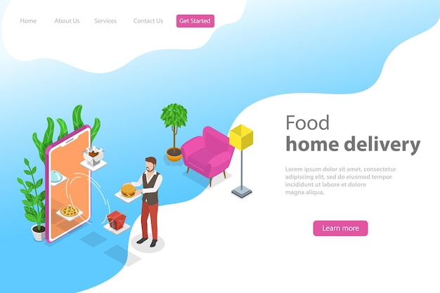 Isometric flat vector landing page template for food home delivery, online ordering, restaurant reservation.