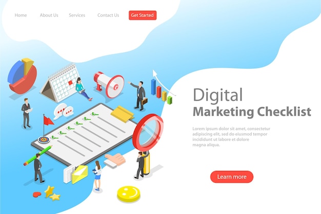 Isometric flat vector landing page template of marketing checklist