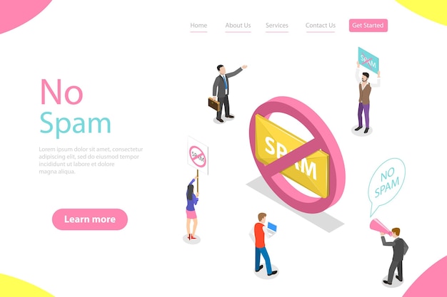 Isometric flat vector landing page template of no spam warning sign