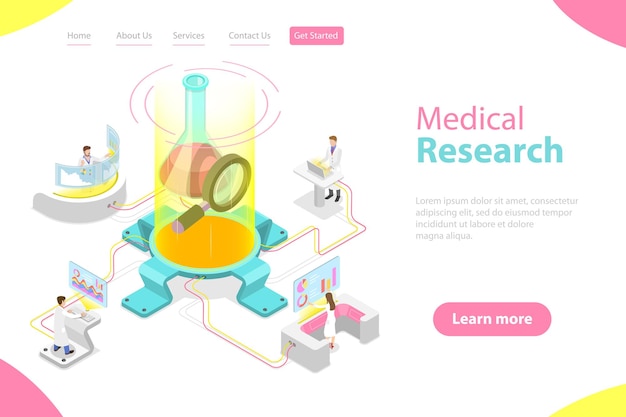 벡터 의학 연구 과학 기술 의학 및 화학 공학의 등각 투영 평면 벡터 방문 페이지 템플릿