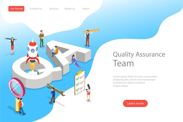 Isometric flat vector landing page template of QA quality assurance software app testing coding and programming question and answer SQA team