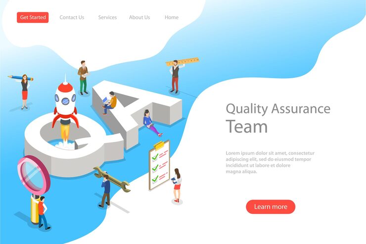 Vector isometric flat vector landing page template of qa quality assurance software app testing coding and programming question and answer sqa team