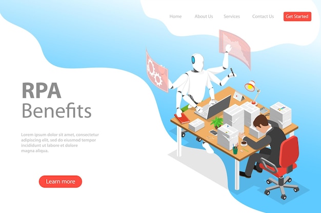 Isometric flat vector landing page template of RPA vs manual labor robotic process automatisation RPA AI artificial intelligence machine learning