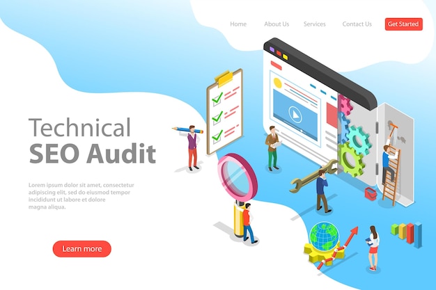 Isometric flat vector landing page template of technical SEO audit search engine strategy content marketing website development