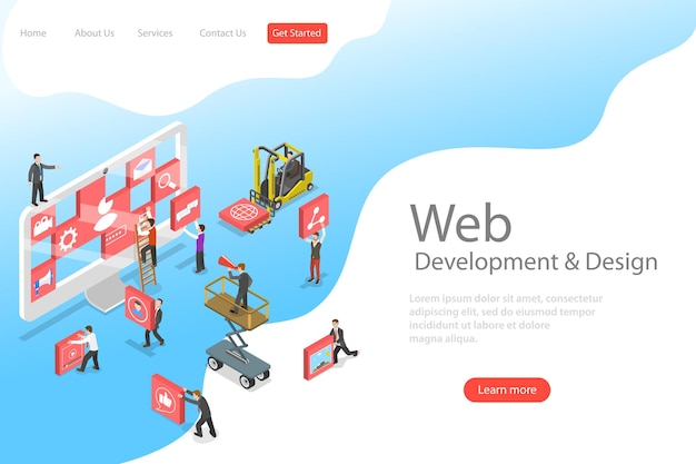 Isometric flat vector landing page template of website builder