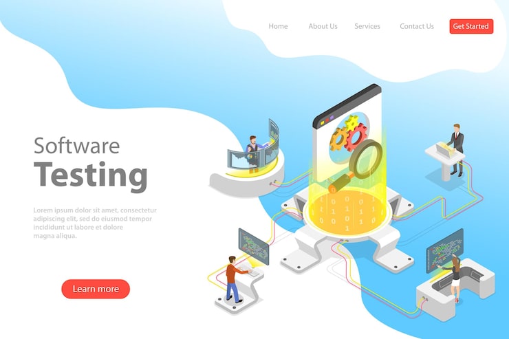 Vector isometric flat vector landing pate template of software quality assurance sqa product testing and debugging programming and coding
