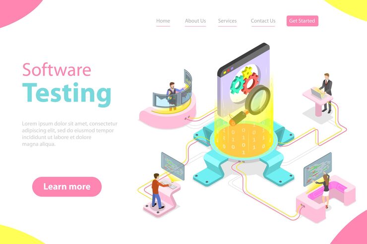 Vector isometric flat vector landing pate template of software quality assurance sqa product testing and debugging programming and coding