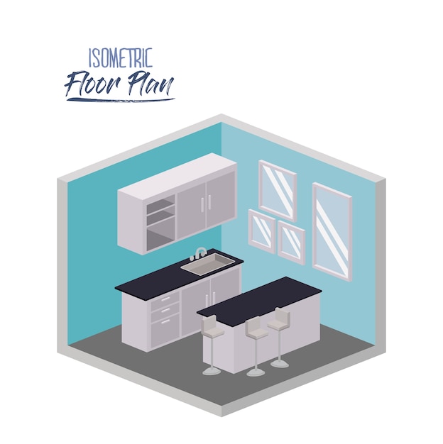 Vector isometric floor plan of kitchen with worktop and cabinet