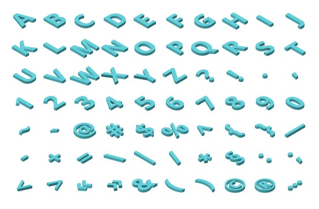 Isometric font alphabet isolated on the background isometric abc letters numbers and symbols threedimensional stock typography for headlines posters etc