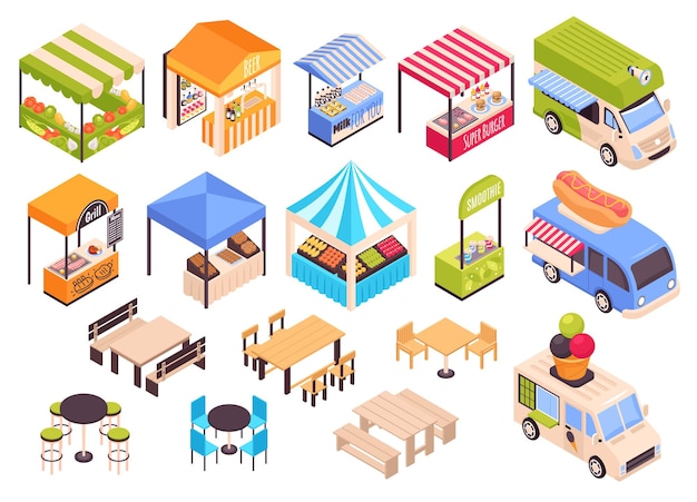 Isometric food courts fair marketplace set with isolated images of market stalls with seats and tables vector illustration