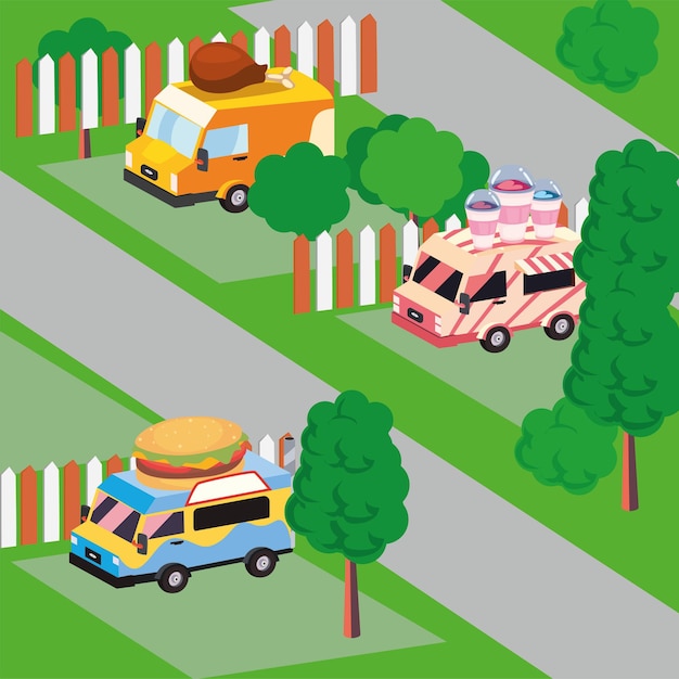 Isometric food trucks set outside