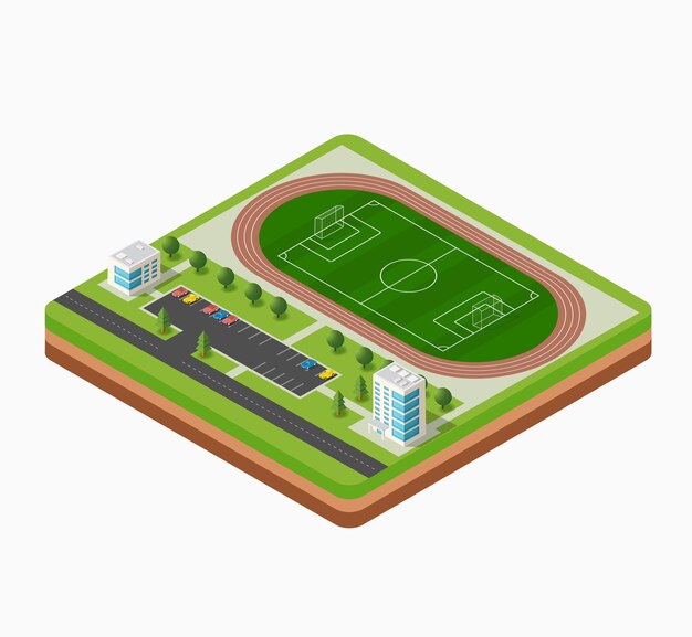 Isometric football stadium lawn, trees and buildings