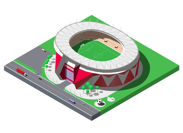 Isometric football stadium, soccer arena with trees and parking lot.