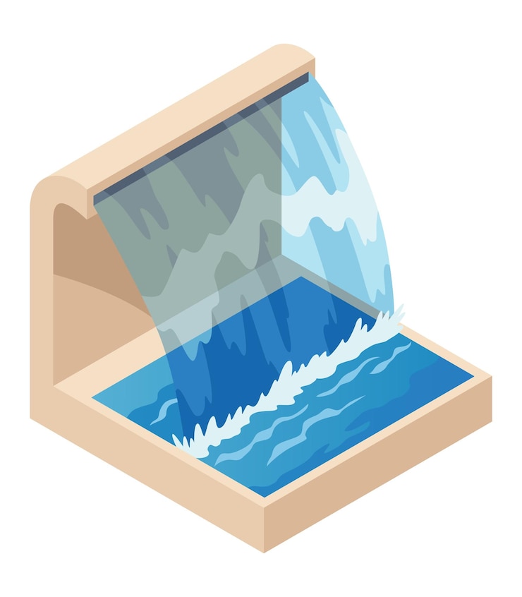 Vector isometric fountain icon for outdoor park modern architecture decor symbol with splashing drops vector city infographic with water decoration elements