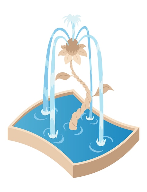 Isometric fountain icon for outdoor park Modern architecture decor symbol with splashing drops Vector city infographic with water decoration elements