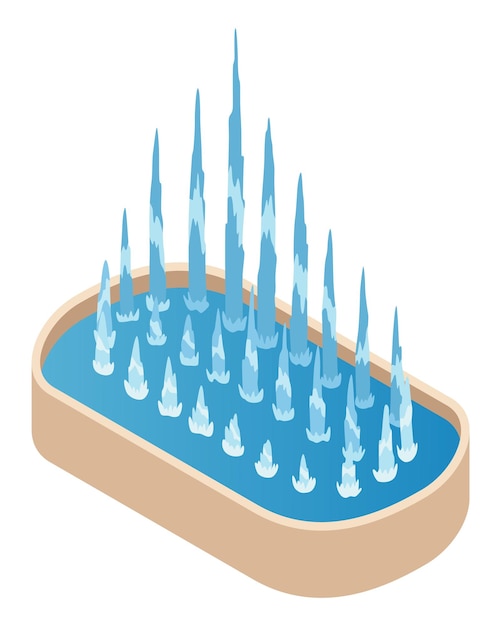 Icona fontana isometrica per parco all'aperto simbolo di arredamento di architettura moderna con gocce di spruzzi infografica sulla città vettoriale con elementi di decorazione dell'acqua