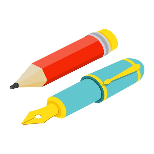 Isometric fountain pen and pencil on white background For web design