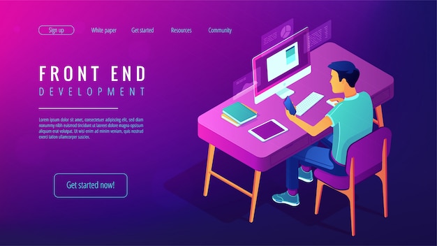 Isometric front end development landing page concept.